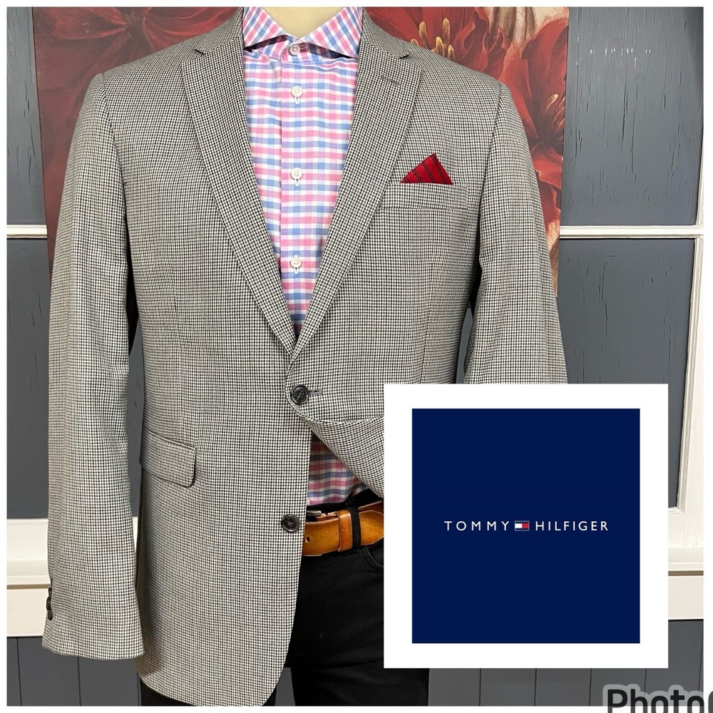 Tommy Hilfiger Blazer Sport Jacket Mens 42L‎ Long Polyester Viscose Houndstooth